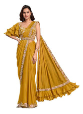 Mustard Crape Satin Silk Embroidered Ready to Wear Saree